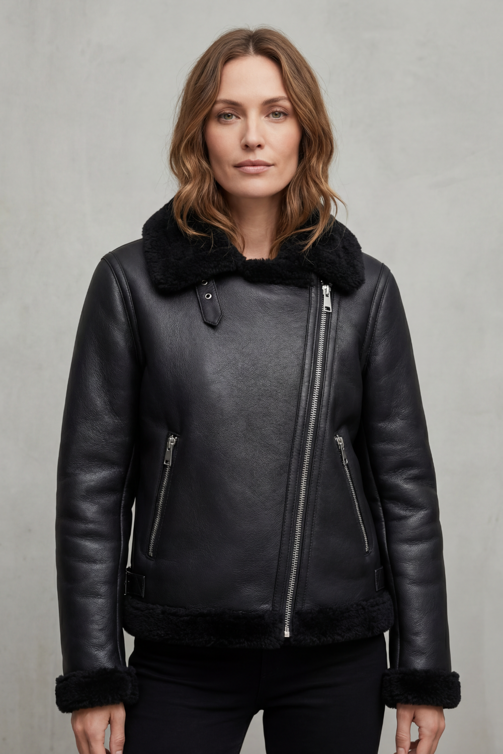 Noirellé – Asymmetric zip – Shearling biker jacket-10482498142551-OLVIA ROSE LONDON