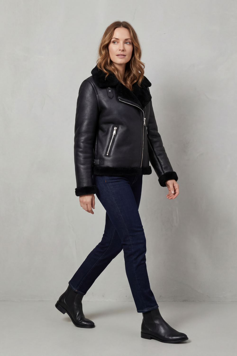 Noirellé – Asymmetric zip – Shearling biker jacket-10482498142551-OLVIA ROSE LONDON