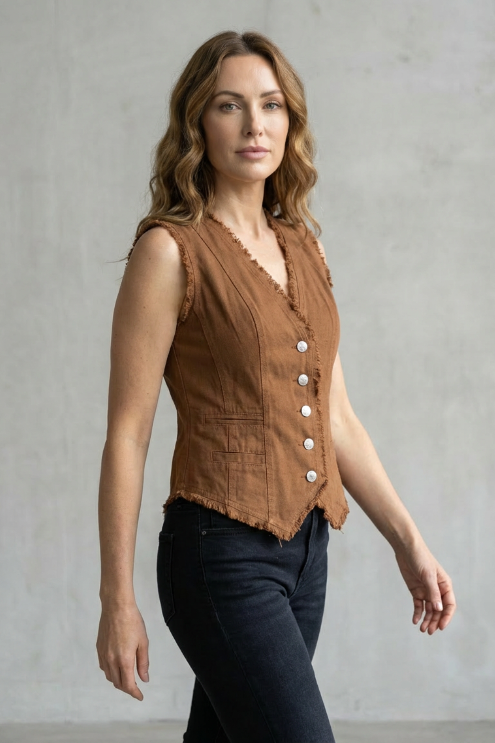 Ravelle – Distressed Button Denim Vest – Western-Inspired Statement Piece-10497657110871-OLVIA ROSE LONDON