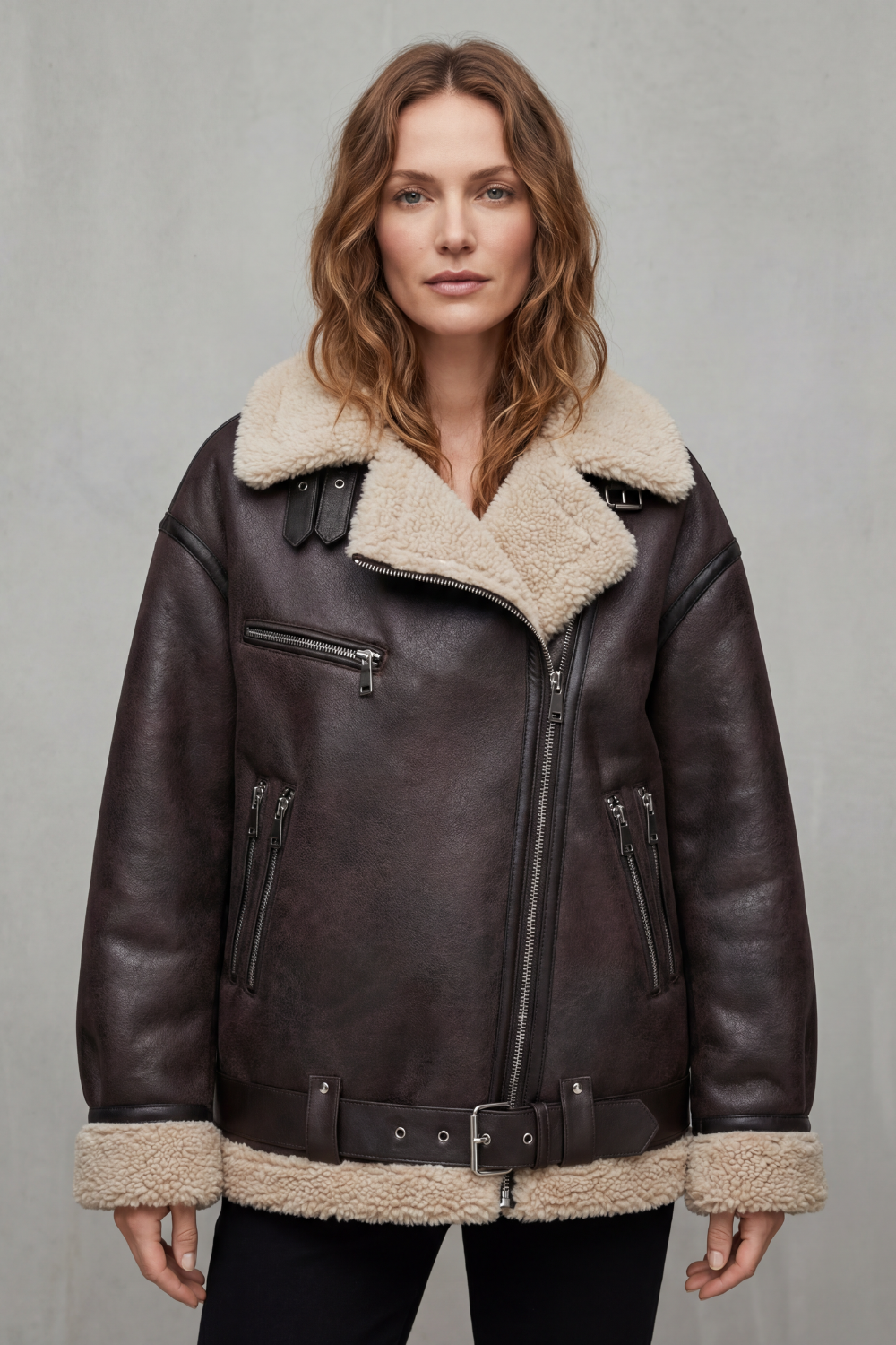 Rouxvelle – Belted shearling trim – Aviator coat-10482624364887-OLVIA ROSE LONDON