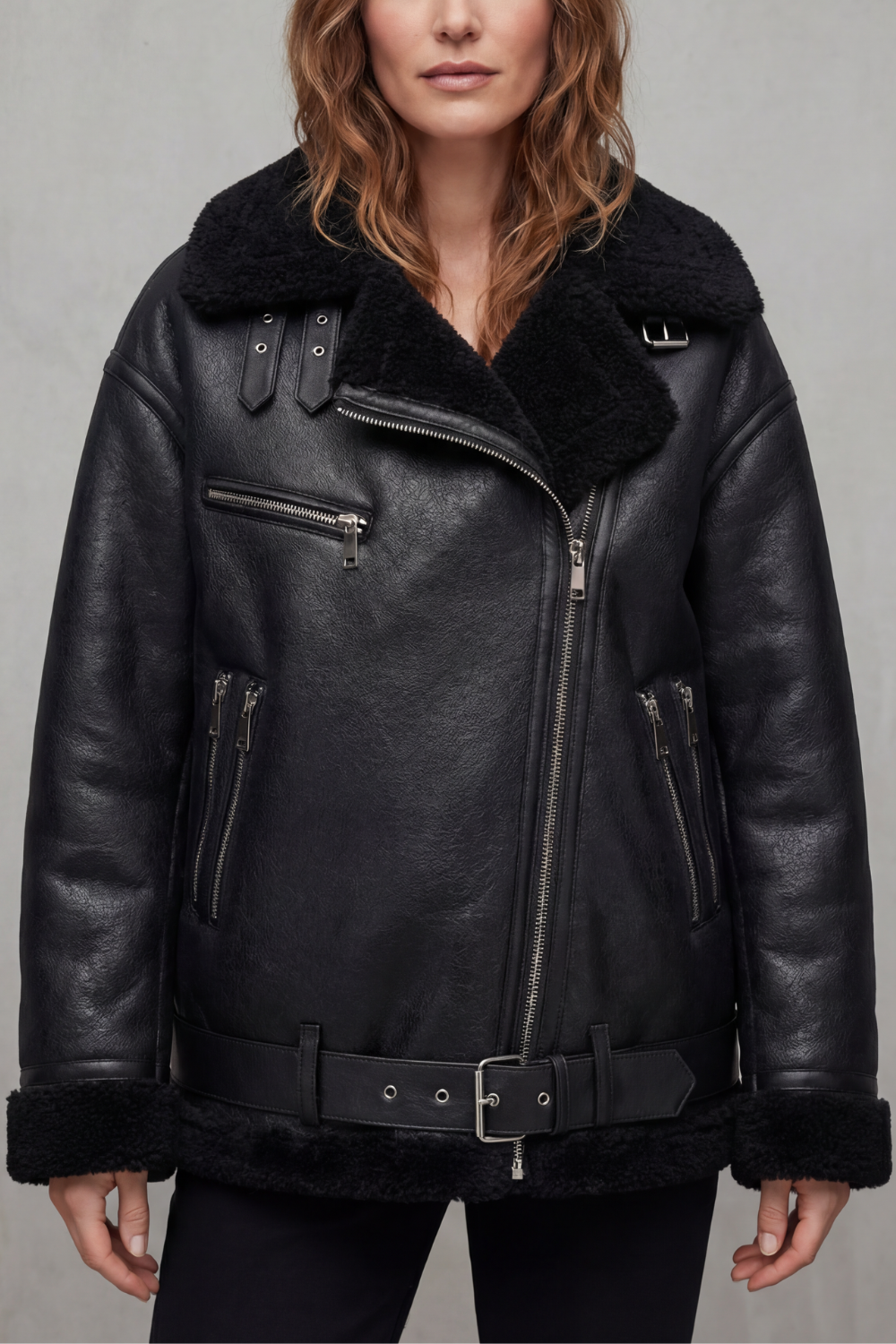 Rouxvelle – Belted shearling trim – Aviator coat-10482624364887-OLVIA ROSE LONDON