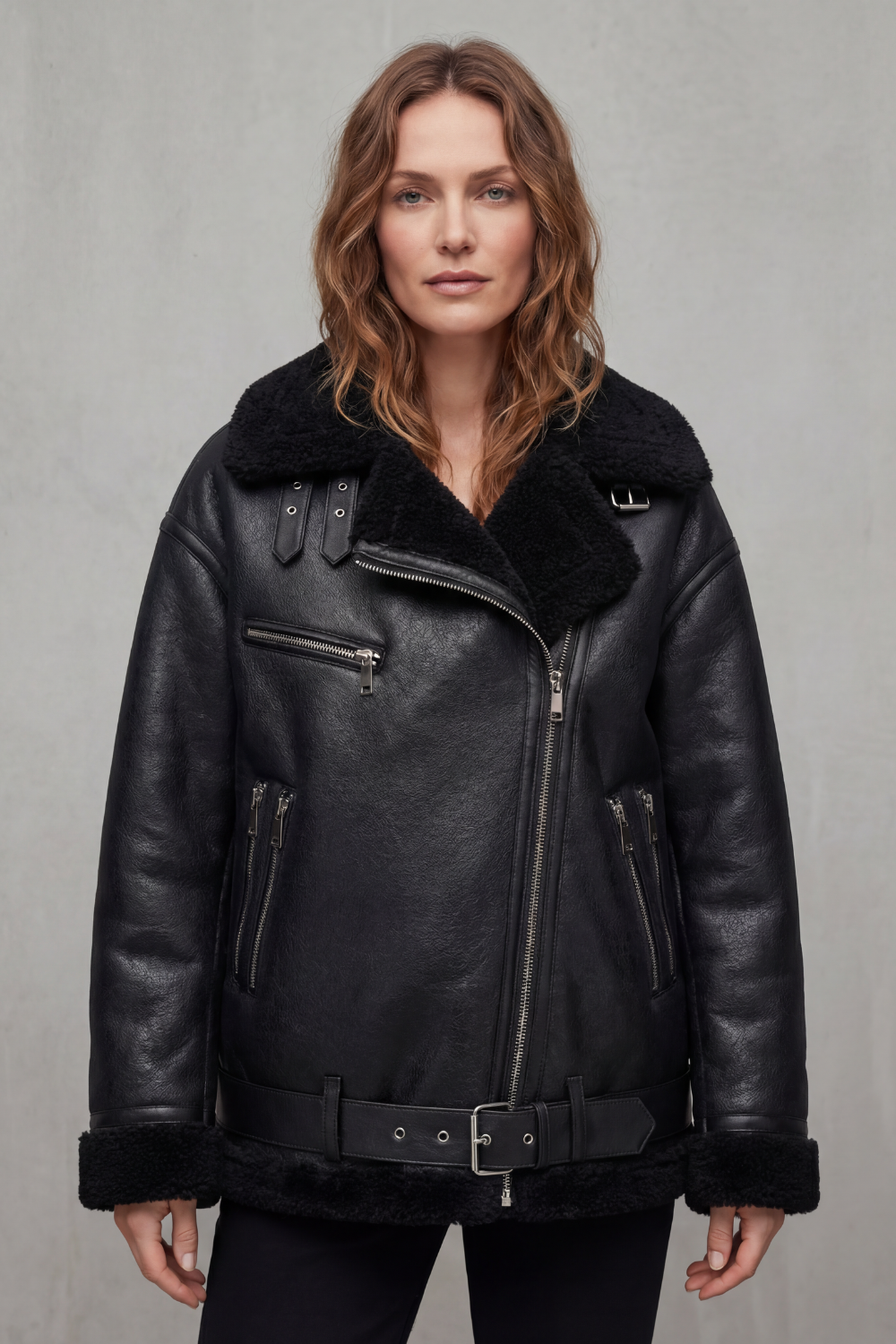 Rouxvelle – Belted shearling trim – Aviator coat-10482624364887-OLVIA ROSE LONDON