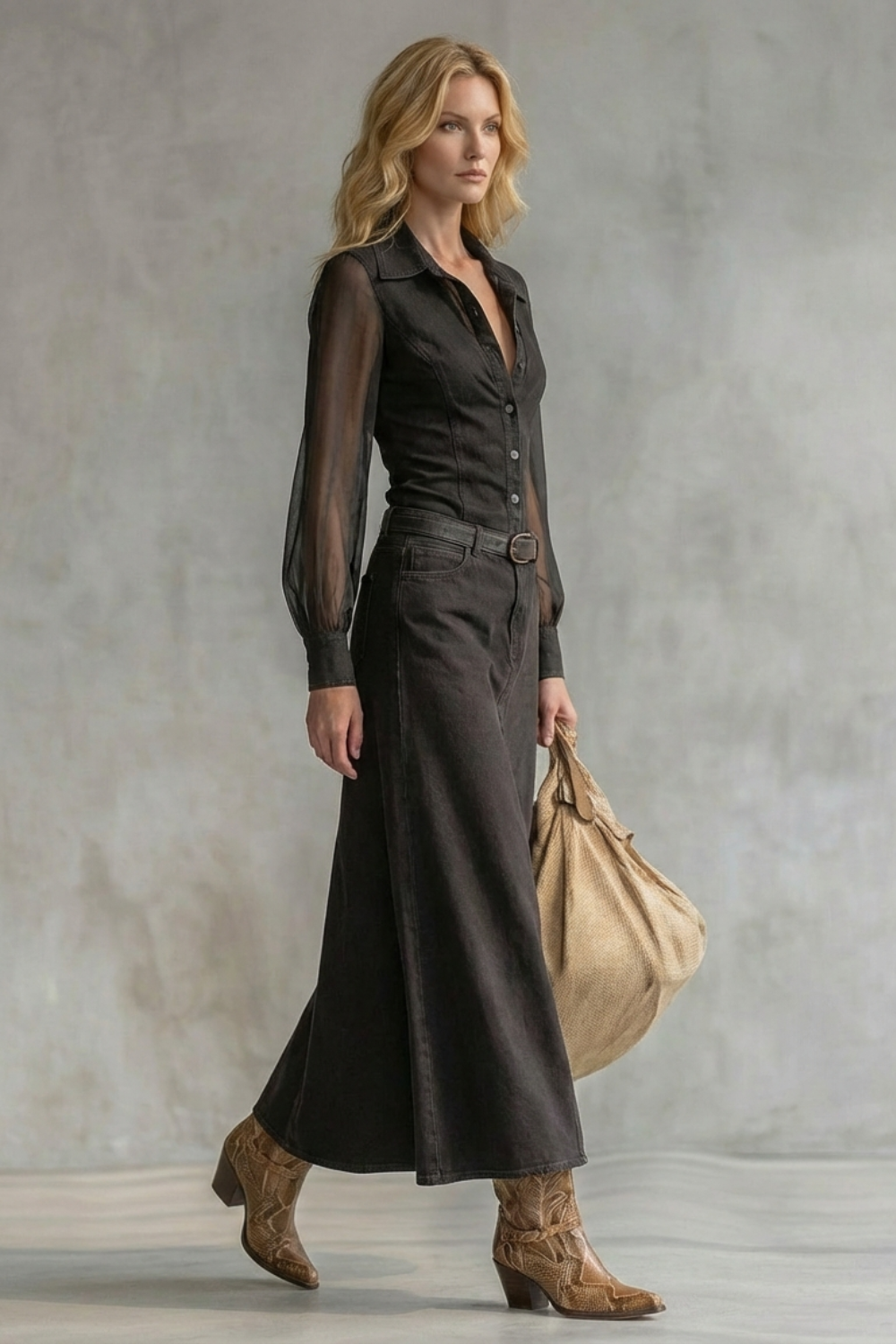 Savannah – Sheer Sleeve Denim Shirt Dress – Western-Chic Statement-10494058201431-OLVIA ROSE LONDON