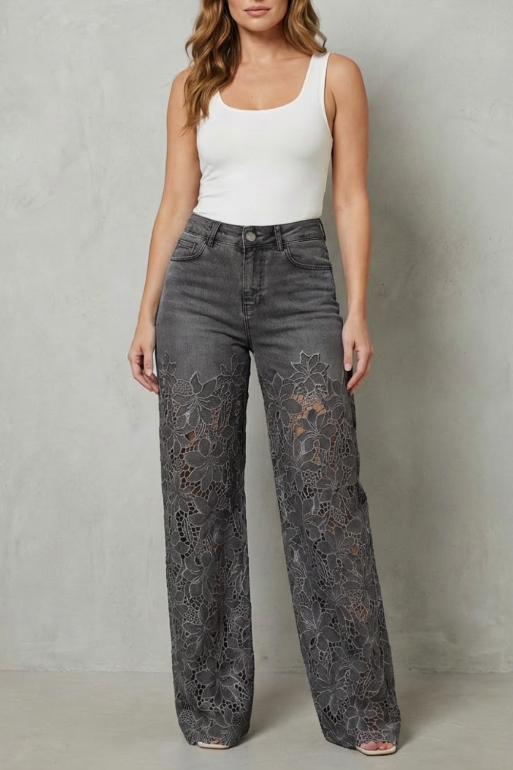 Solérine – Floral lace overlay – Wide-leg denim jeans-10507968676183-OLVIA ROSE LONDON