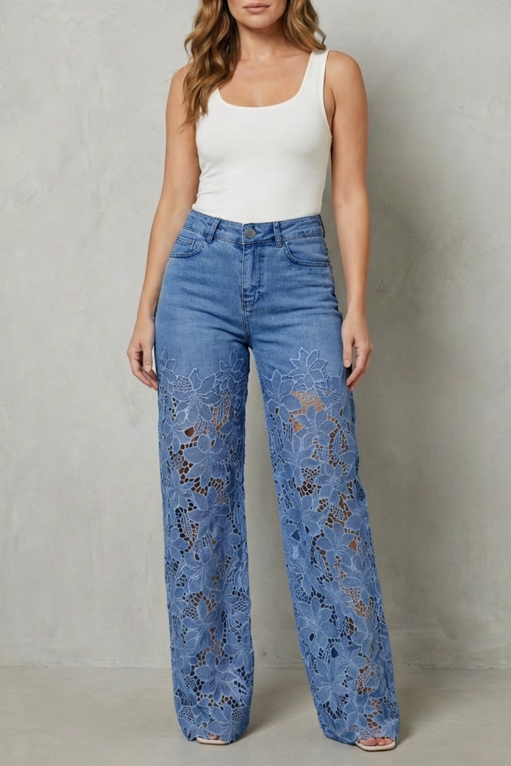 Solérine – Floral lace overlay – Wide-leg denim jeans-10507968676183-OLVIA ROSE LONDON