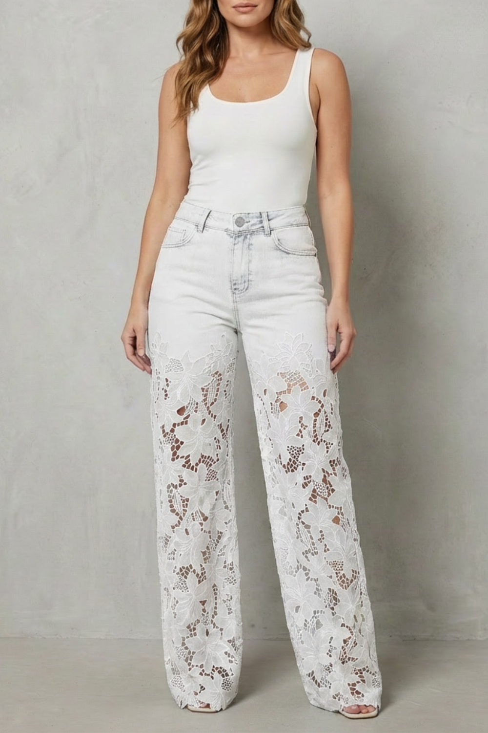 Solérine – Floral lace overlay – Wide-leg denim jeans-10507968676183-OLVIA ROSE LONDON