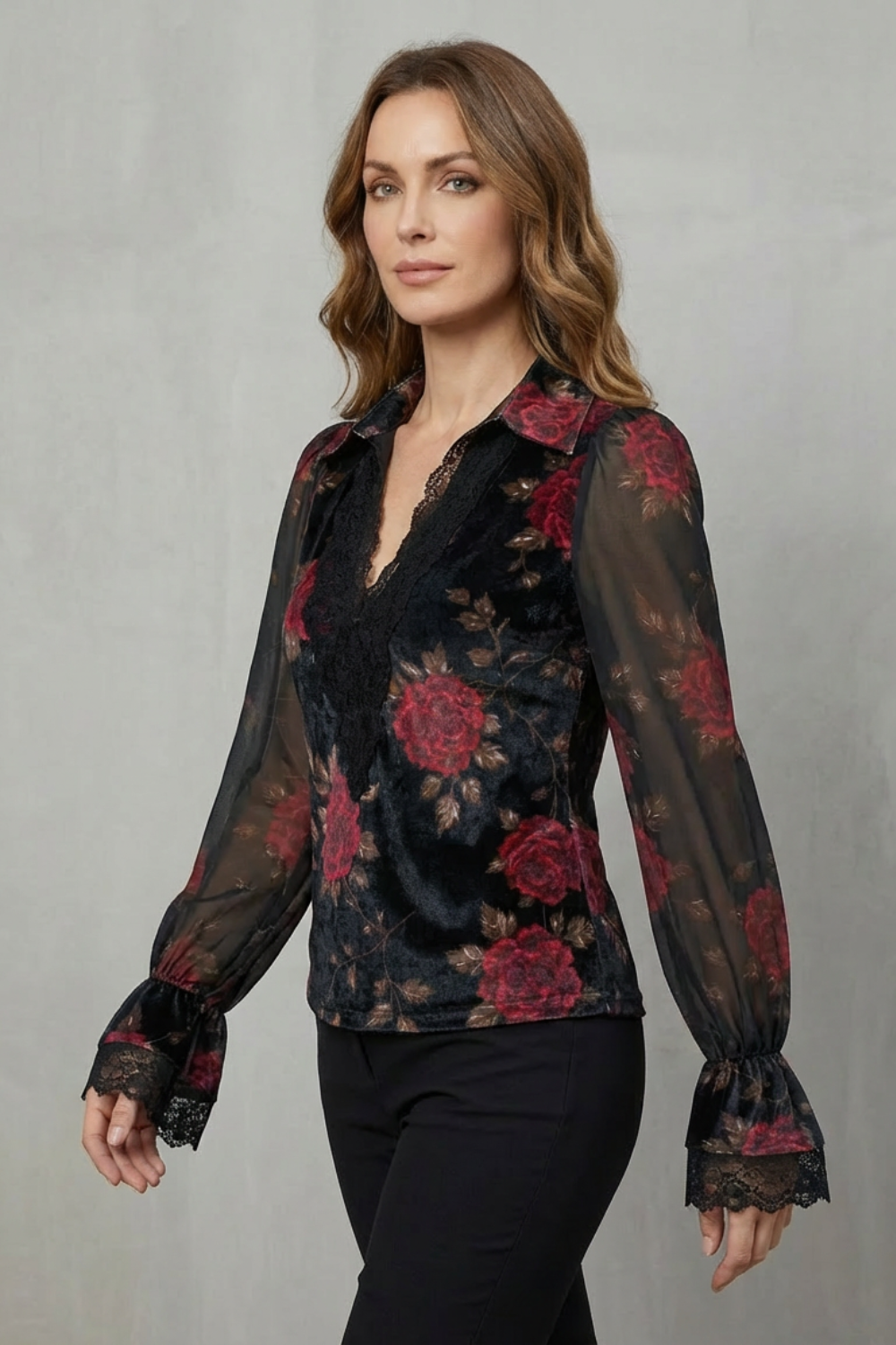 Théonie – Lace Cuff Velvet Blazer – Tailored Romantic Jacket-10497651835223-OLVIA ROSE LONDON