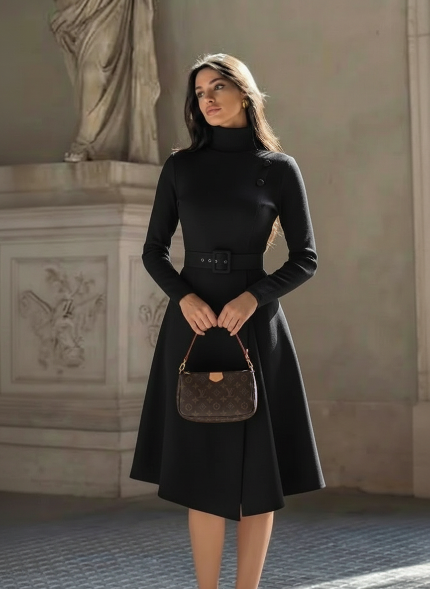 Nivara – Asymmetric belted waist – A-line midi dress